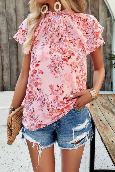 Printed Ruffled Mock Neck Blouse in 5 Colors - Olive Ave