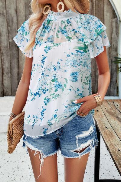 Printed Ruffled Mock Neck Blouse in 5 Colors - Olive Ave