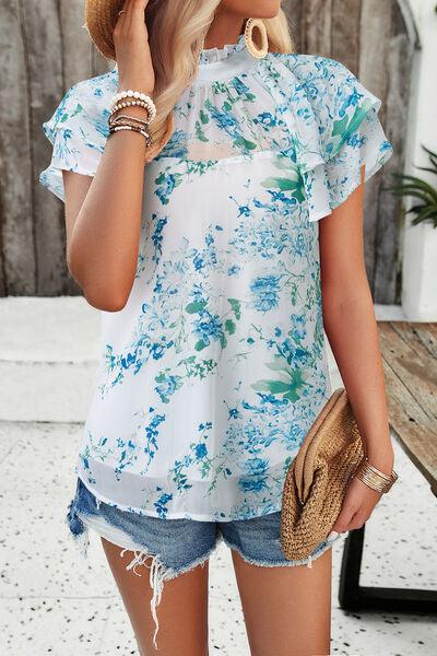 Printed Ruffled Mock Neck Blouse in 5 Colors - Olive Ave