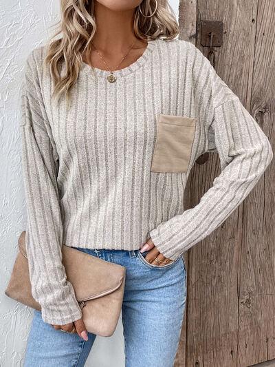 Ribbed Dropped Shoulder Top - Olive Ave