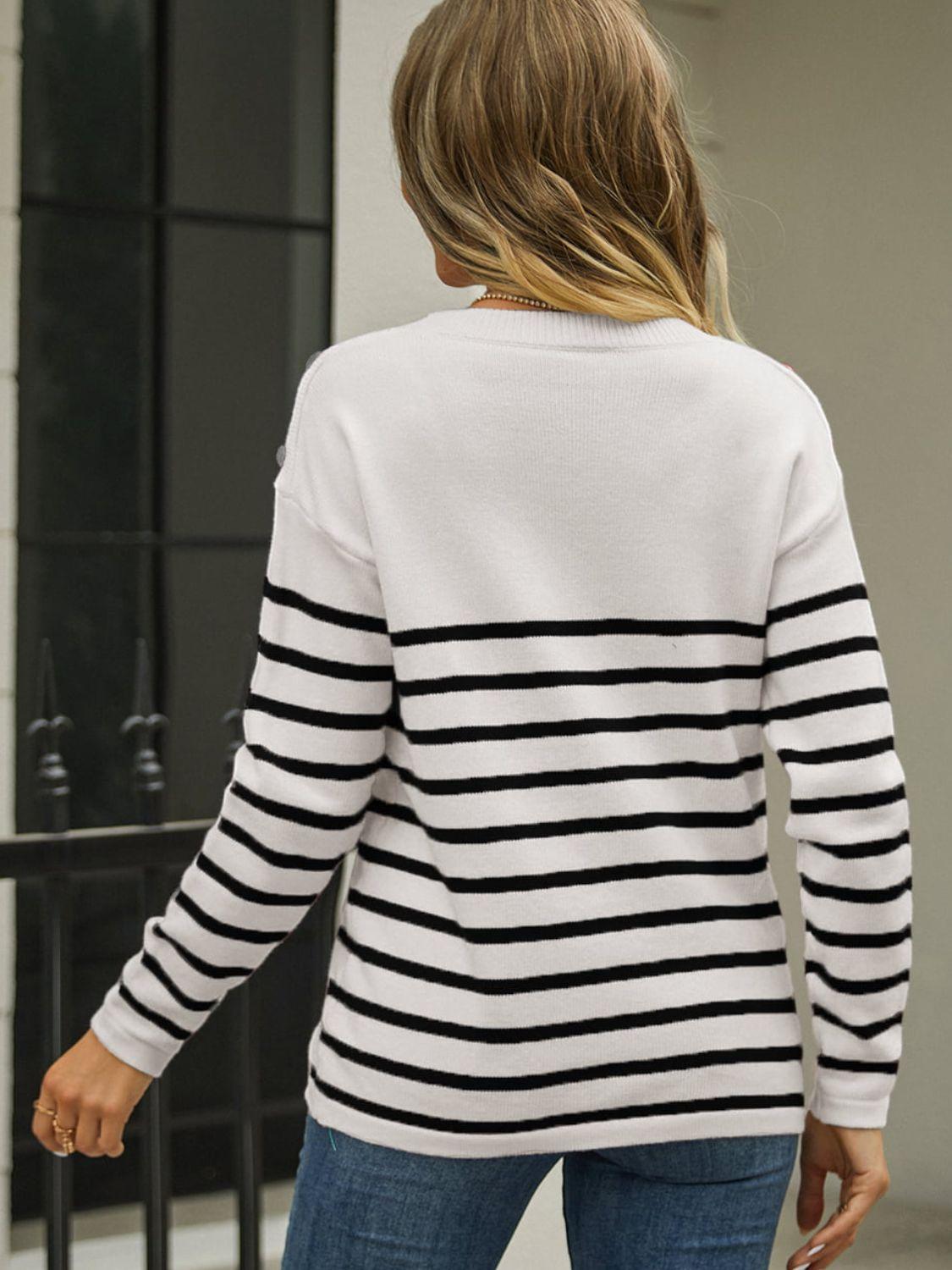 Shoulder Button Striped Pullover Sweater - Olive Ave