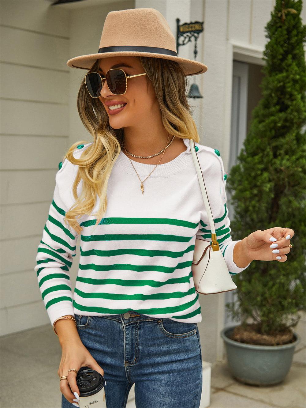 Shoulder Button Striped Pullover Sweater - Olive Ave