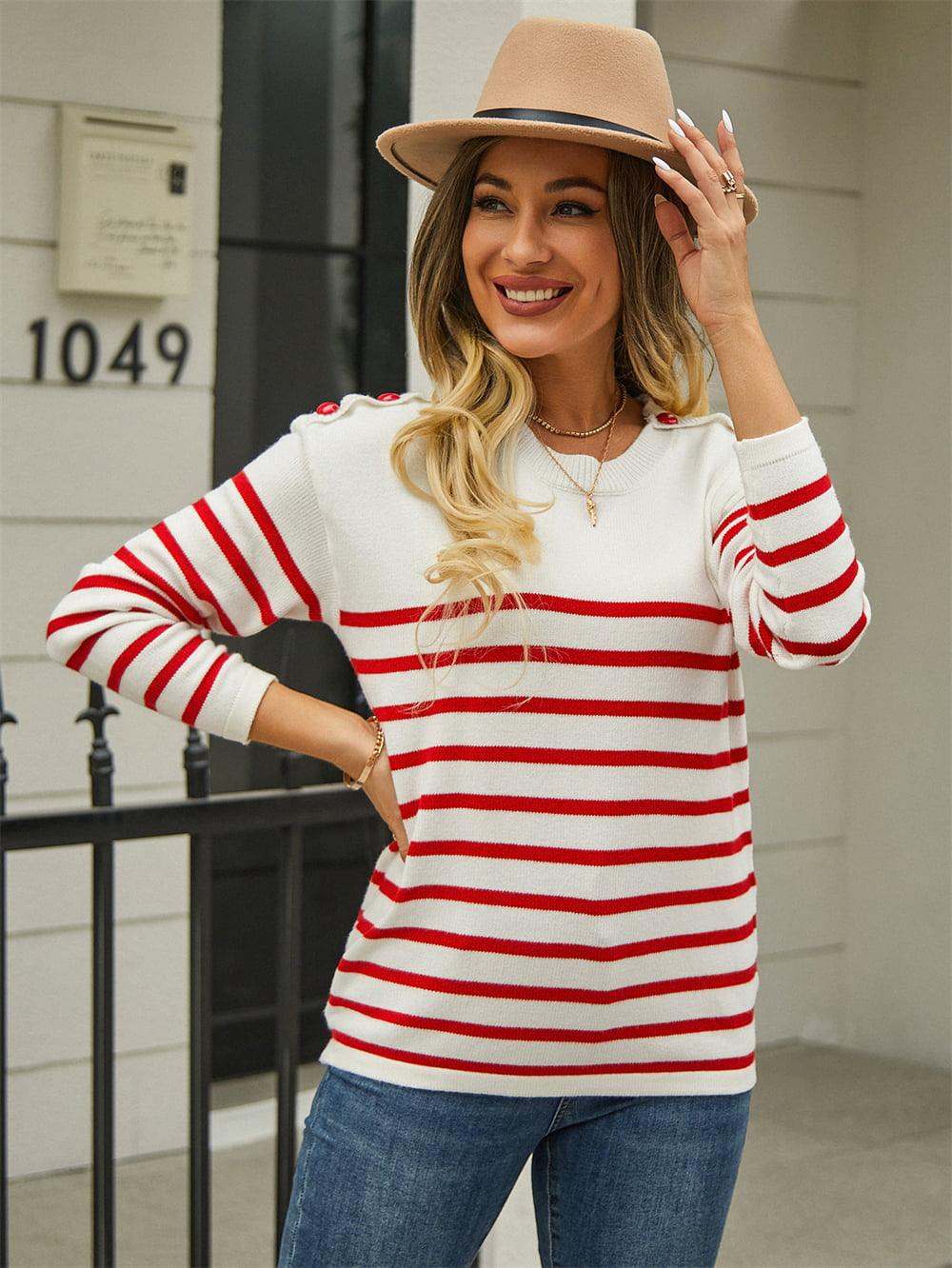 Shoulder Button Striped Pullover Sweater - Olive Ave
