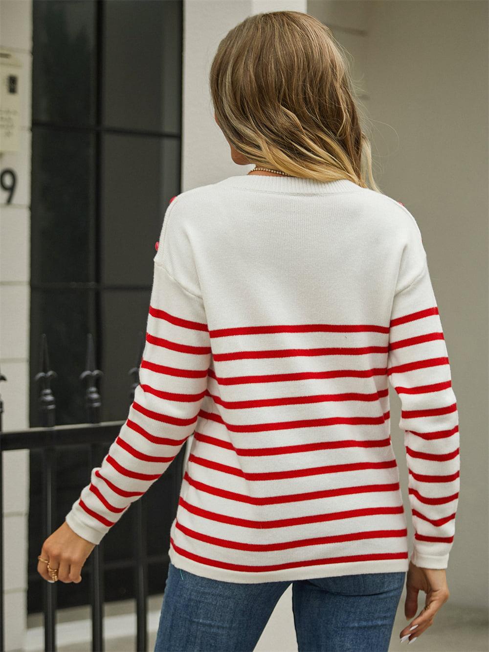 Shoulder Button Striped Pullover Sweater - Olive Ave
