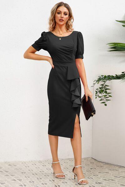 Slit Ruffled Puff Sleeve Midi Dress in 4 Colors - Olive Ave