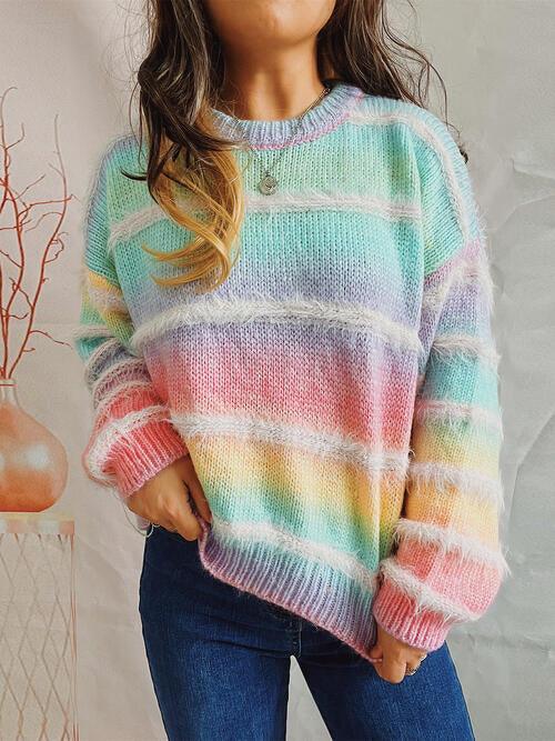 Striped Fuzzy Sweater in Four Colors - Olive Ave