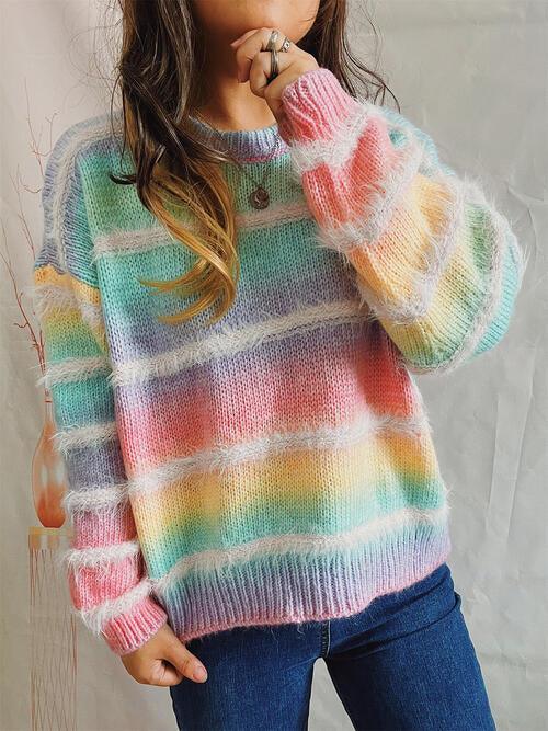 Striped Fuzzy Sweater in Four Colors - Olive Ave