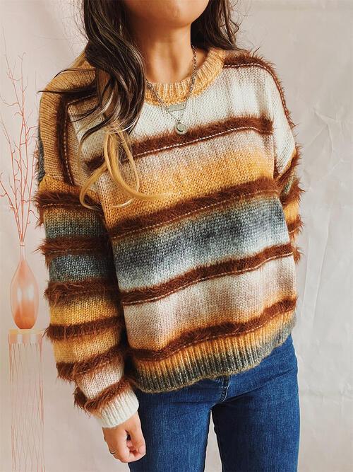 Striped Fuzzy Sweater in Four Colors - Olive Ave
