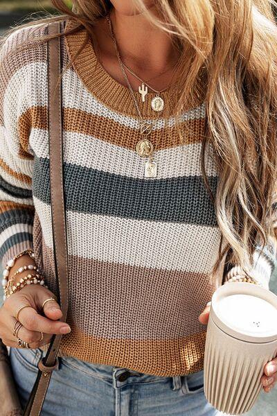Striped Ribbed Dropped Shoulder Sweater - Olive Ave