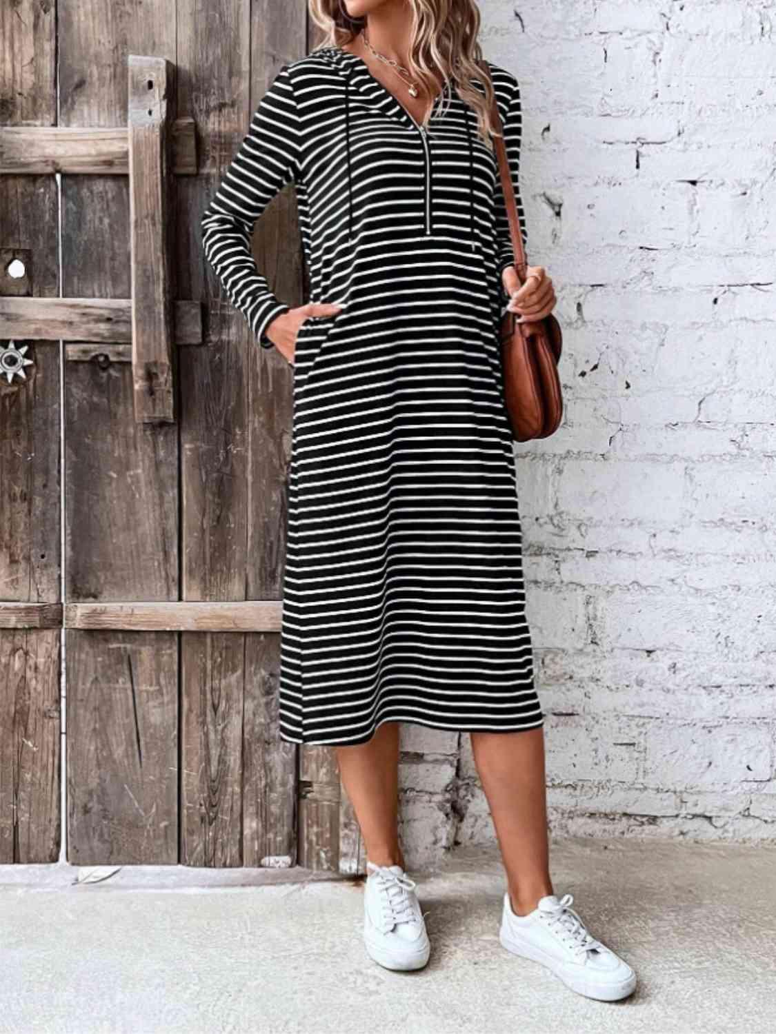 Striped Zip Front Hooded Dress - Olive Ave