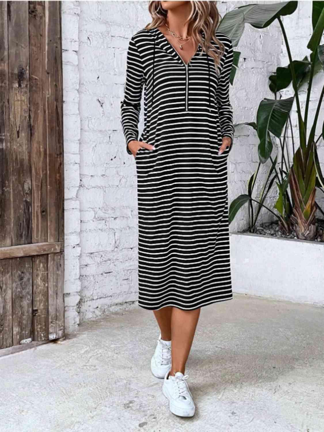 Striped Zip Front Hooded Dress - Olive Ave