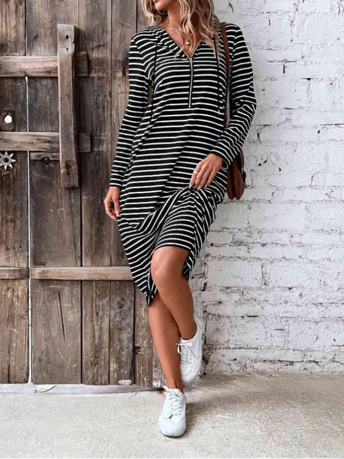 Striped Zip Front Hooded Dress - Olive Ave