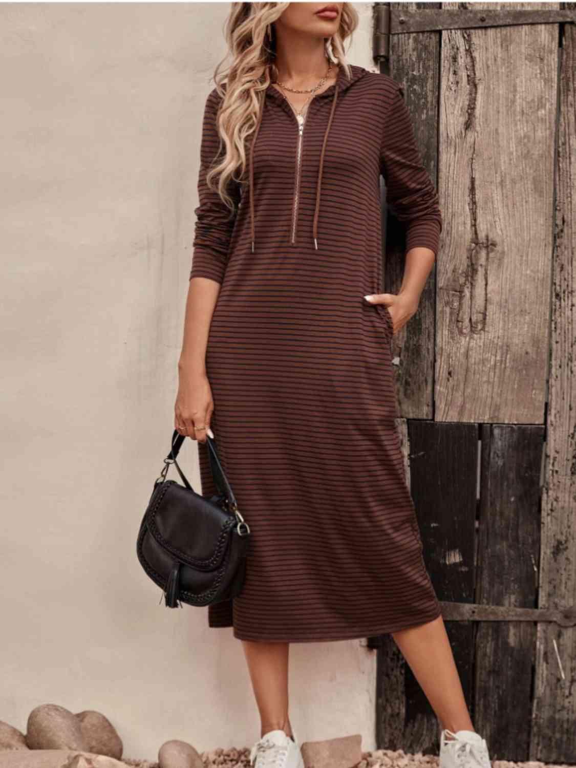 Striped Zip Front Hooded Dress - Olive Ave