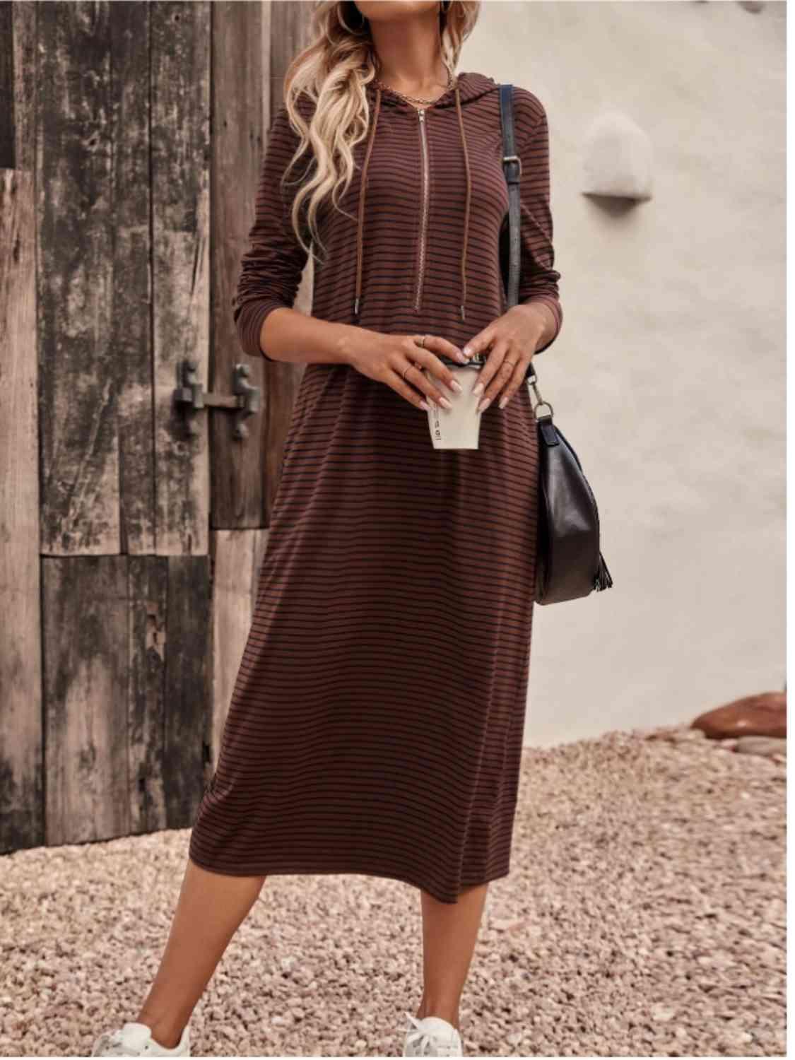 Striped Zip Front Hooded Dress - Olive Ave