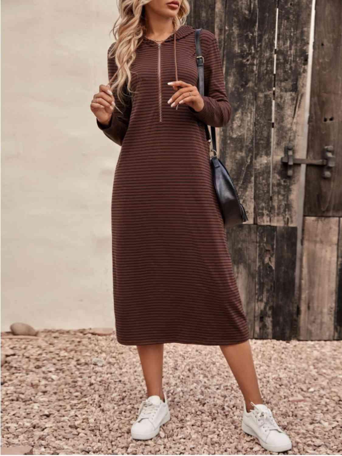 Striped Zip Front Hooded Dress - Olive Ave