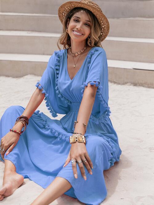 Tassel Trim Smocked Dress - Olive Ave