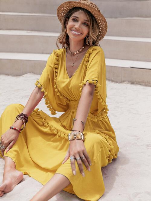 Tassel Trim Smocked Dress - Olive Ave