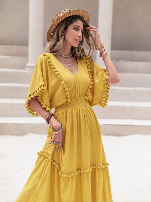 Tassel Trim Smocked Dress - Olive Ave