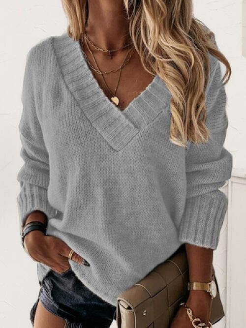 V-Neck Long Sleeve Knit Top in 7 Colors - Olive Ave