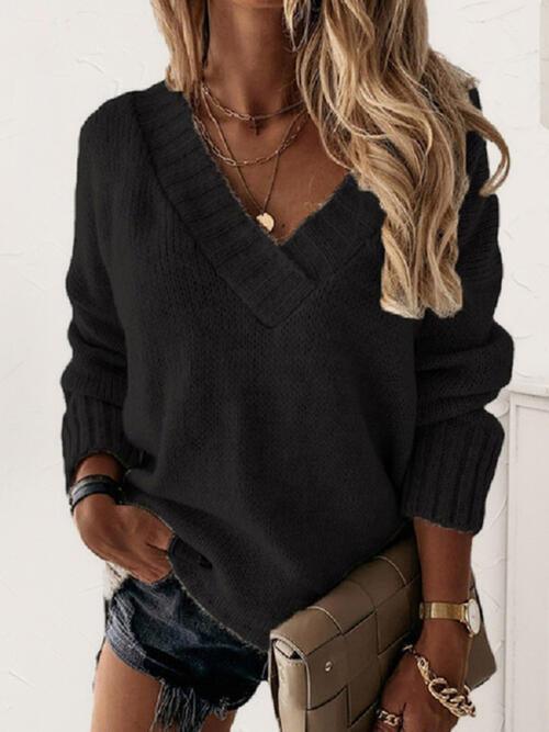 V-Neck Long Sleeve Knit Top in 7 Colors - Olive Ave