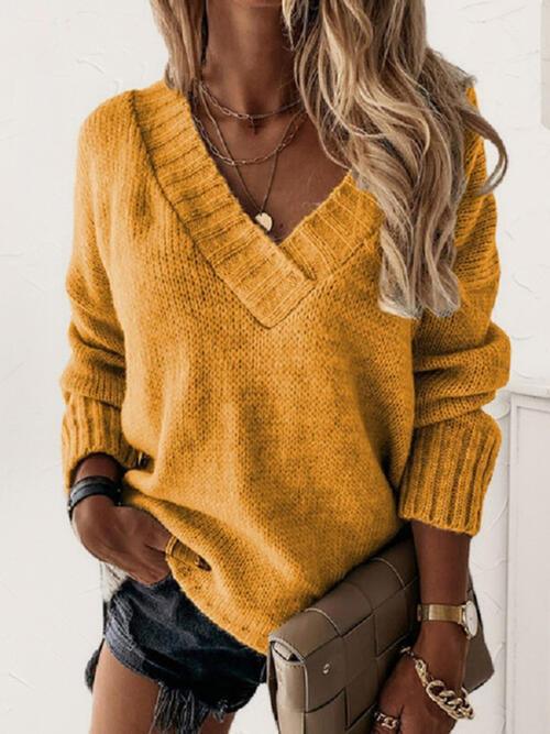 V-Neck Long Sleeve Knit Top in 7 Colors - Olive Ave