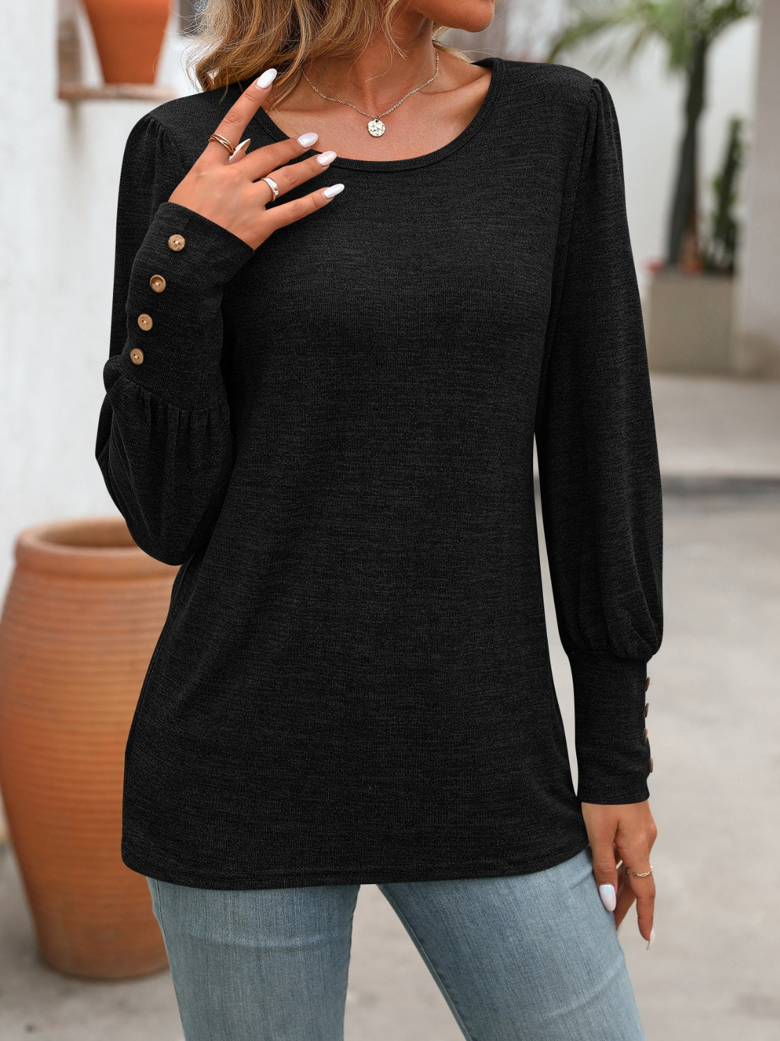 Decorative Button Long Sleeve Top in 5 Colors