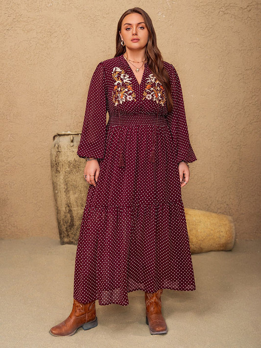 Plus Size Embroidered Polka Dot Midi Dress