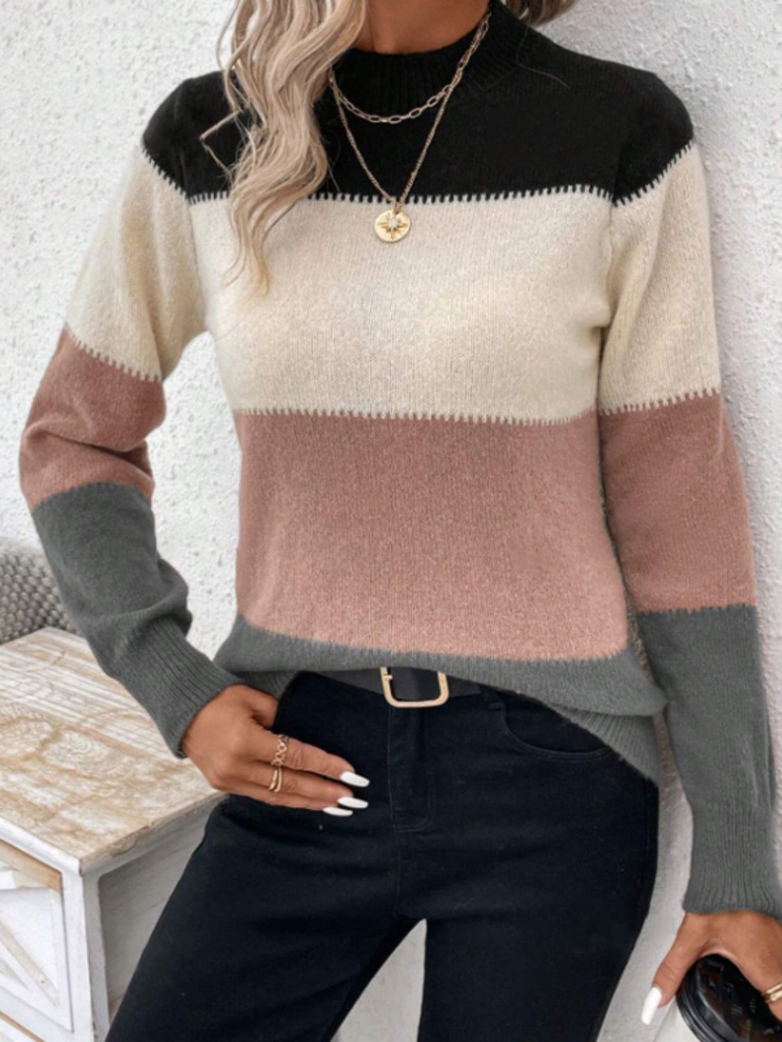 Color Block Mock Neck Sweater in 6 Colors