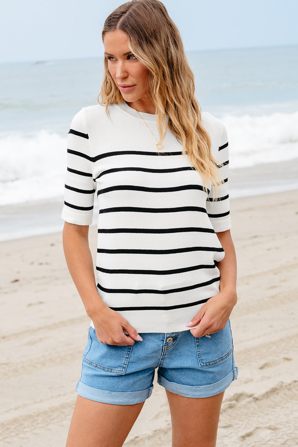 Striped Half Sleeve Knit Top - Olive Ave