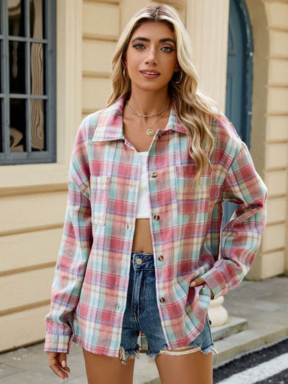 Plaid Collared Neck Long Sleeve Shirt in 8 Colors