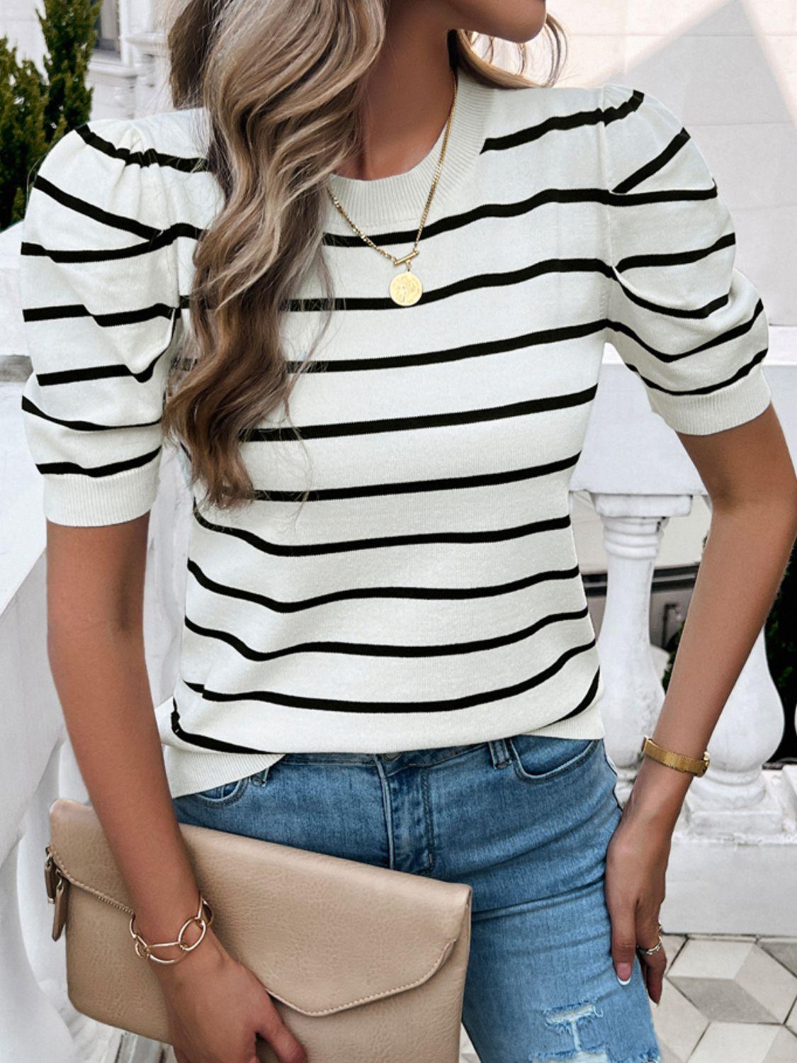 Striped Puff Sleeve Knit Top in 4 Colors - Olive Ave
