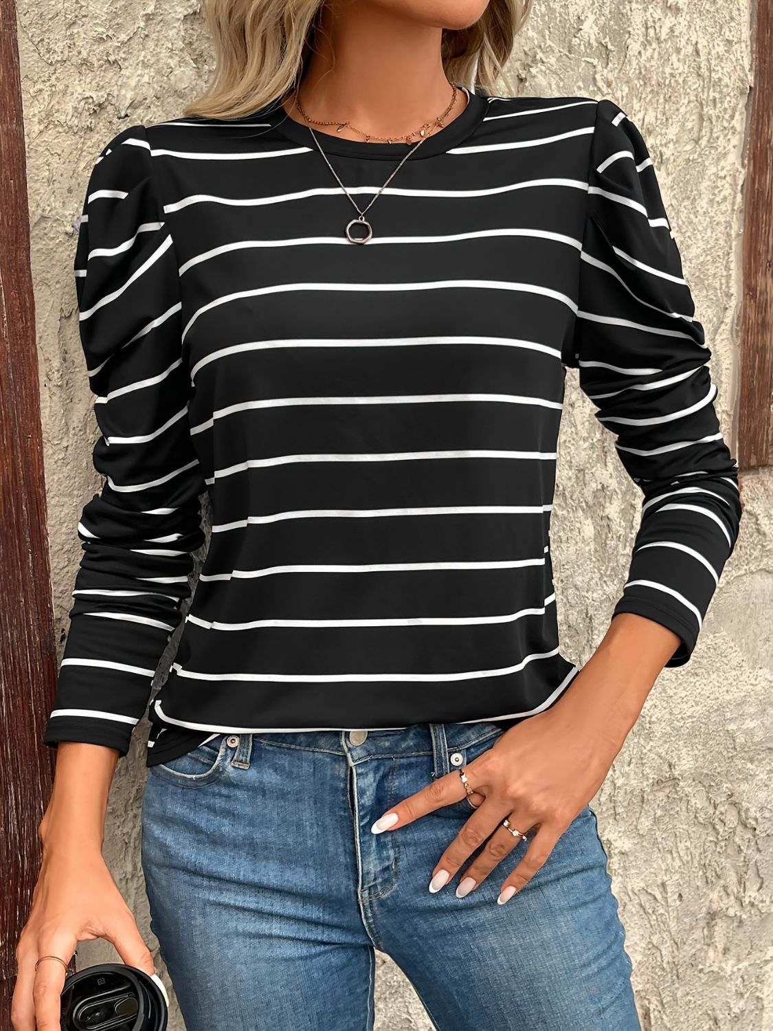 Full Size Striped Puff Sleeve Top