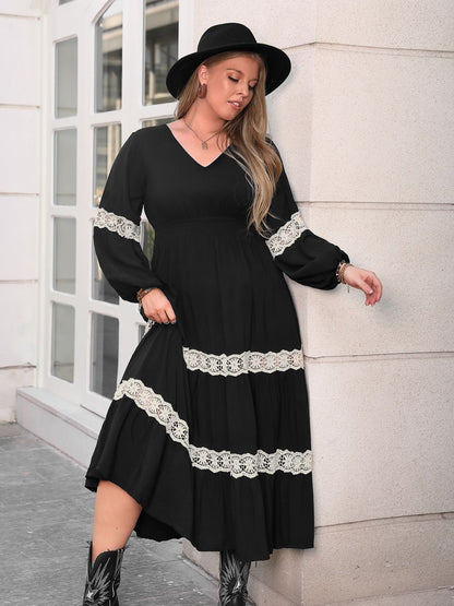 Plus Size Lace Long Sleeve Midi Dress