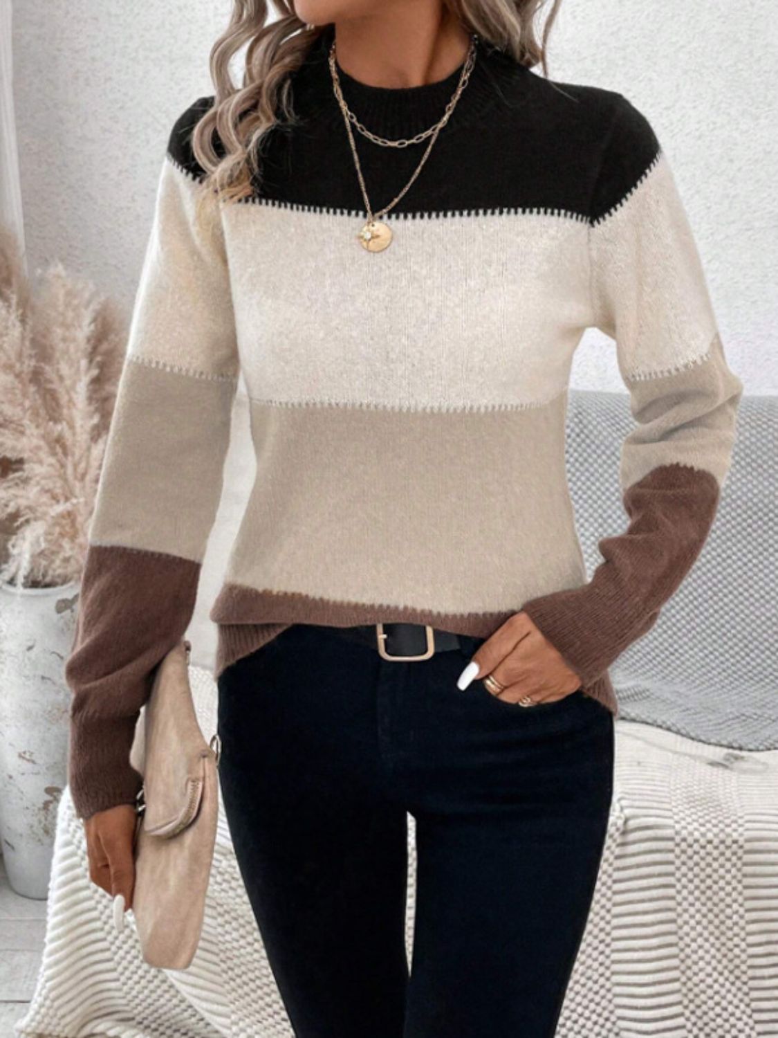 Color Block Mock Neck Sweater in 6 Colors