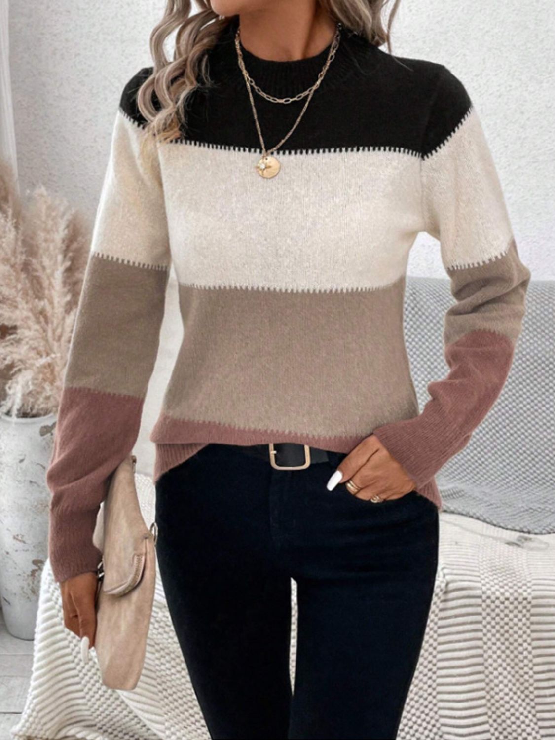 Color Block Mock Neck Sweater in 6 Colors