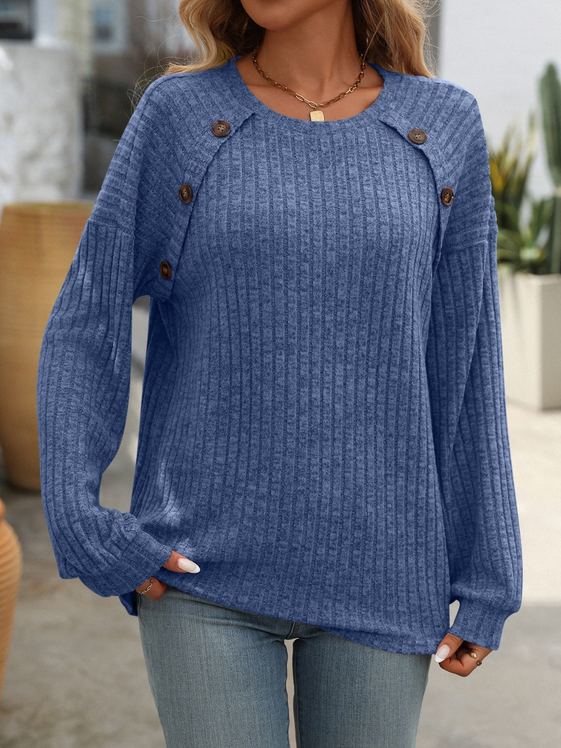 Button Long Sleeve Ribbed Top in 6 Colors