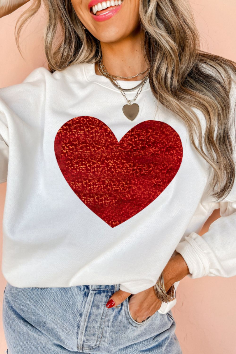 Valentine’s Day Heart Round Neck Long Sleeve Sweatshirt