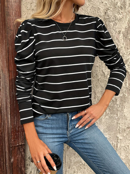 Full Size Striped Puff Sleeve Top