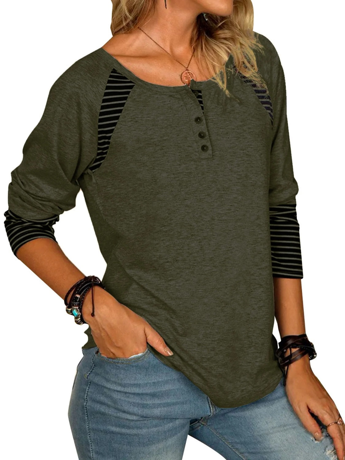 Full Size Striped Quarter Button Top in 6 Colors