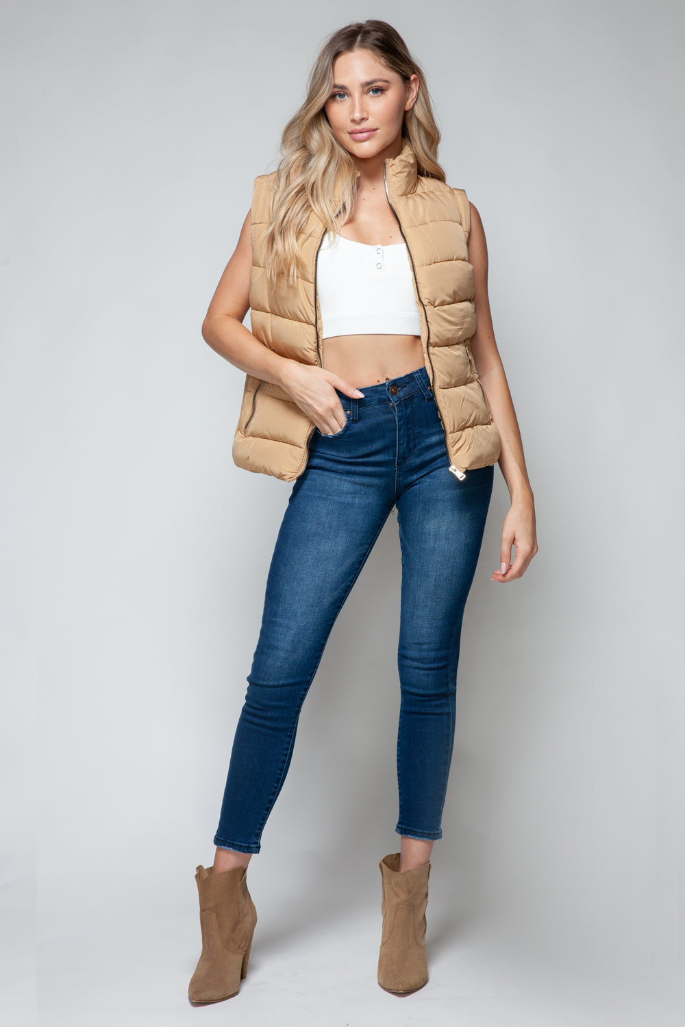 Zip Up Turtleneck Vest with Pockets in Iced Coffee