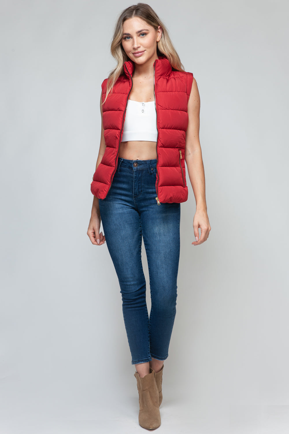 Zip Up Turtleneck Vest with Pockets in Red