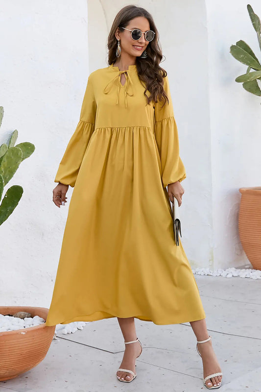 Ruched Balloon Sleeve Midi Dress