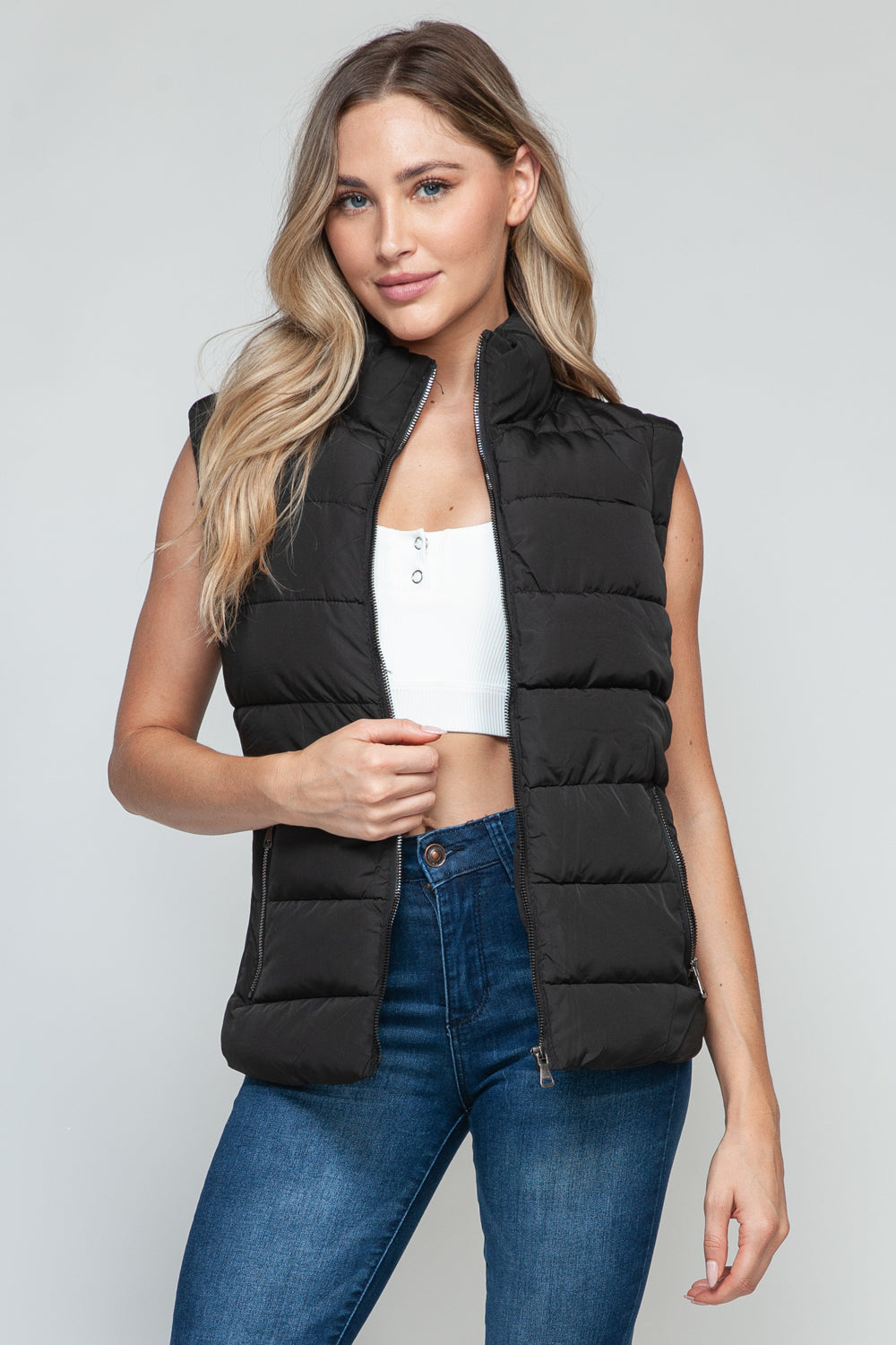 Zip Up Turtleneck Vest with Pockets in Black