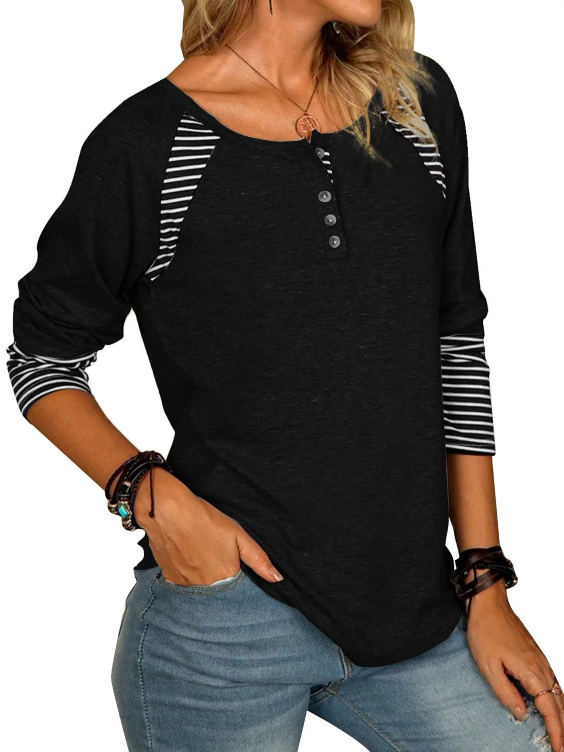 Full Size Striped Quarter Button Top in 6 Colors