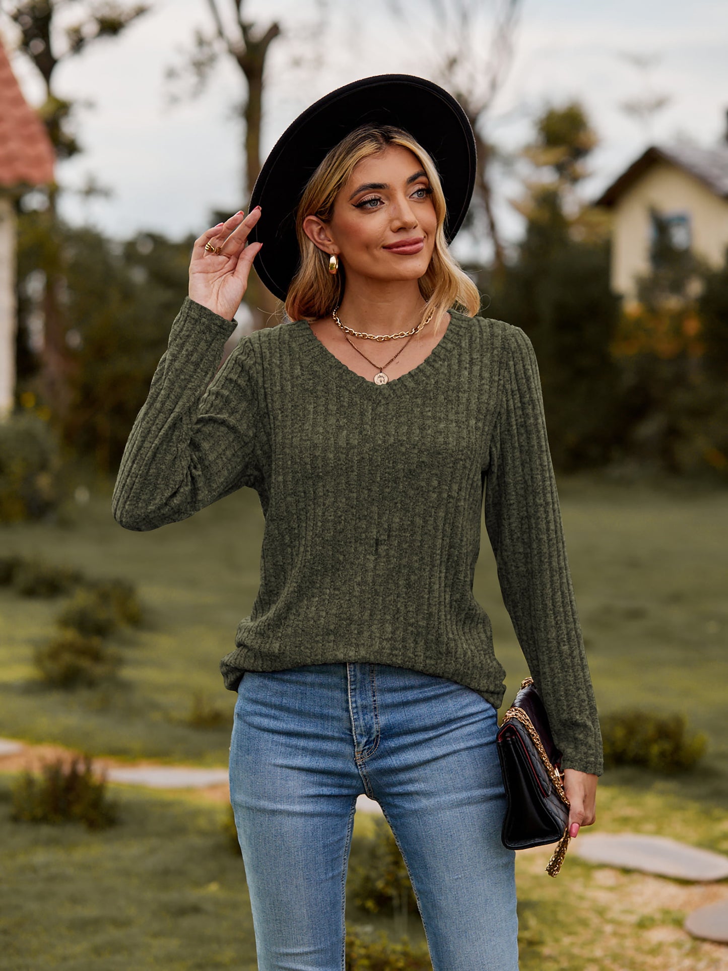 Ribbed V-Neck Long Sleeve Top in 7 Colors