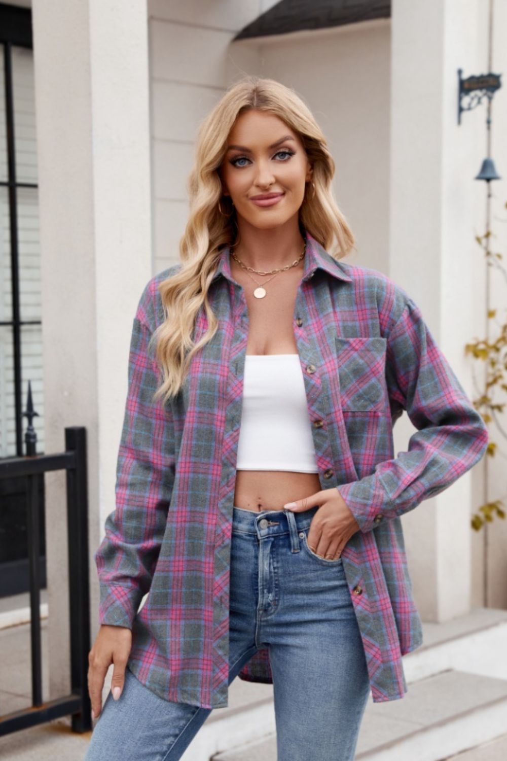 Pocketed Plaid Long Sleeve Shirt in 6 Colors