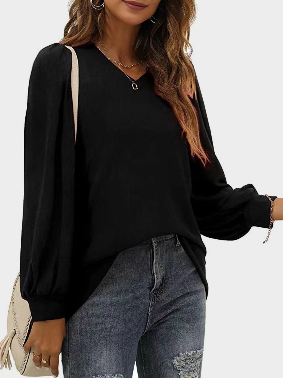 Heathered V-Neck Long Sleeve Top in 6 Colors