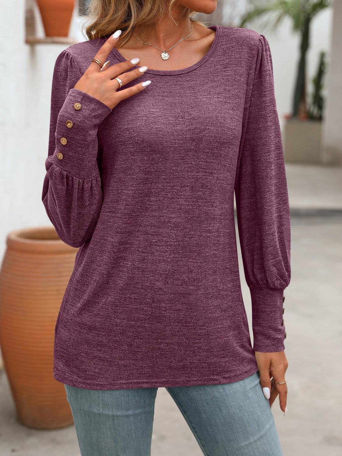 Decorative Button Long Sleeve Top in 5 Colors