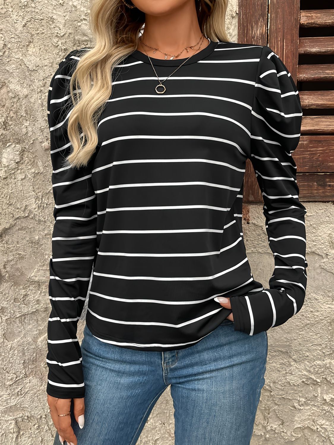 Full Size Striped Puff Sleeve Top