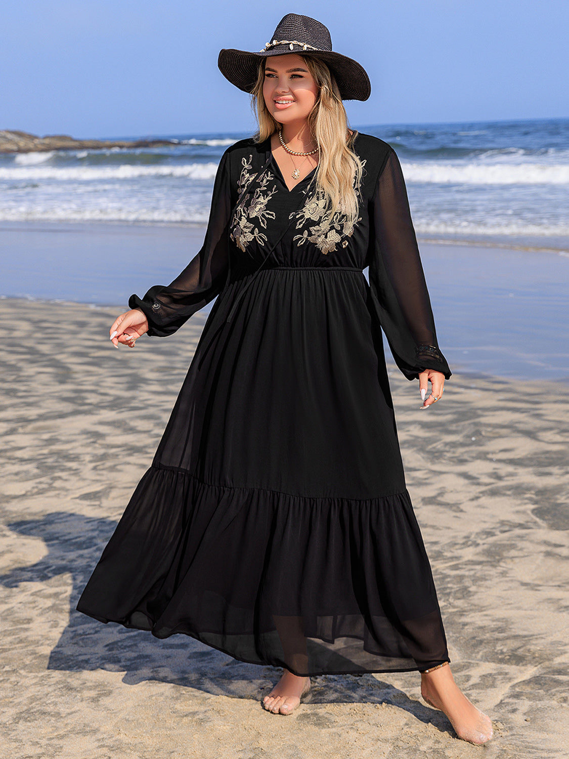 Plus Size Embroidered Long Sleeve Dress